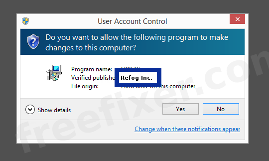 Screenshot where Refog Inc. appears as the verified publisher in the UAC dialog